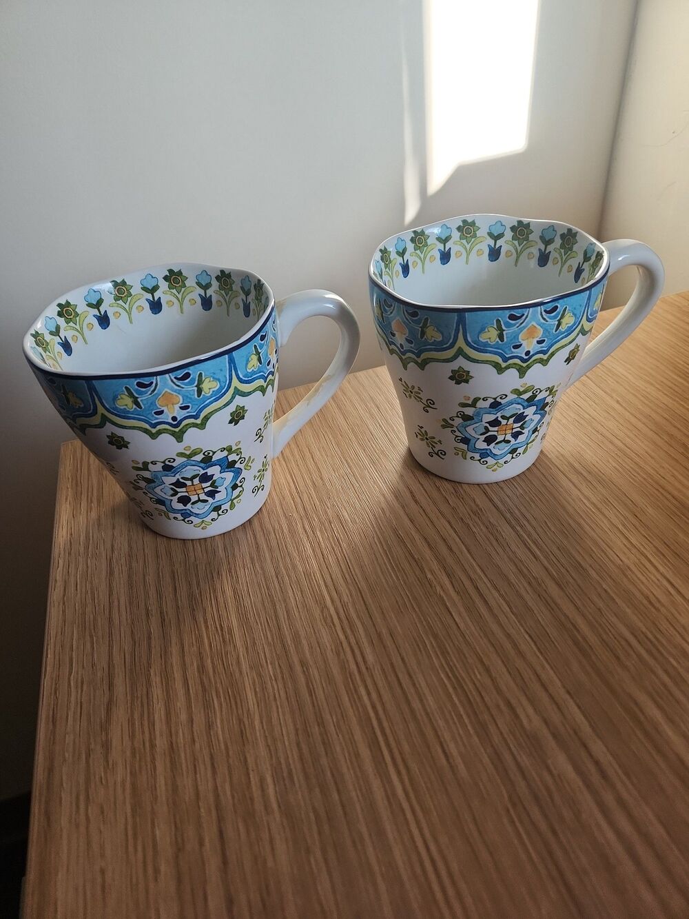 Pier 1 Imports Set of 2 "Celeste" Mugs Blue Green & Yellow Print